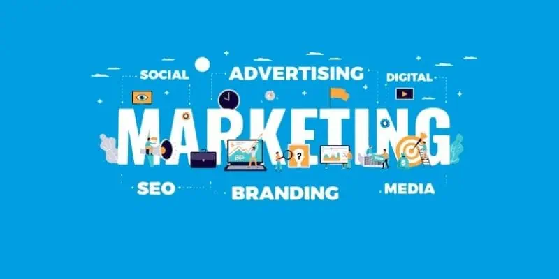 types of marketing written on blue background